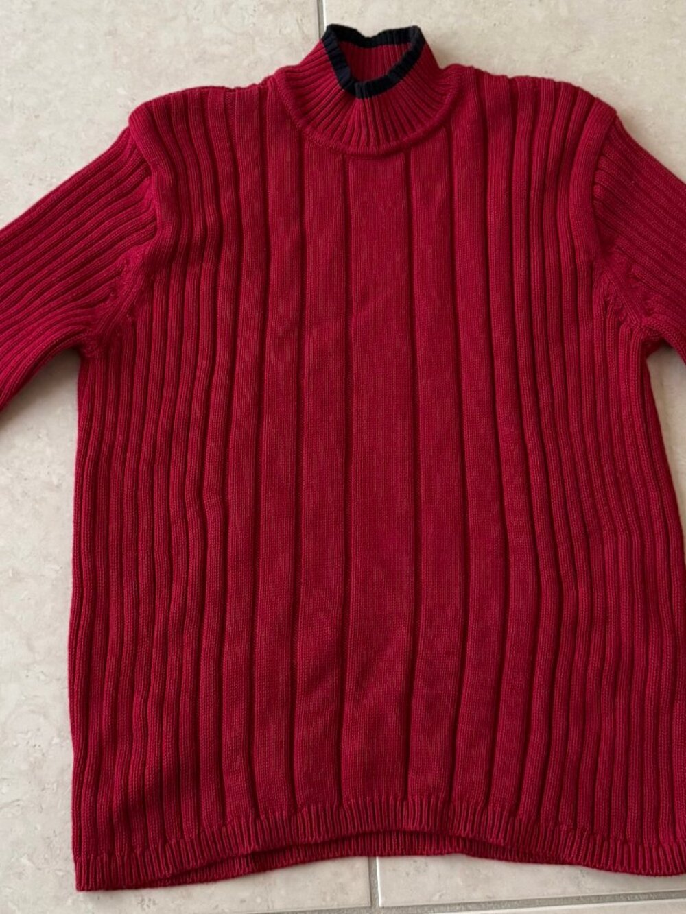 CHARTER CLUB Vintage Red Ribbed Mock Neck Sweater Navy Tipped Cuffs